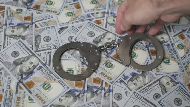 Overhead view of a male hand placing open metal handcuffs onto a scattered pile of one hundred dollar bills. The handcuffs are placed directly on the currency background in a slow motion close up shot