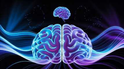 Glowing Human Brain with Abstract Light Waves and Smaller Brain Above mind cognition