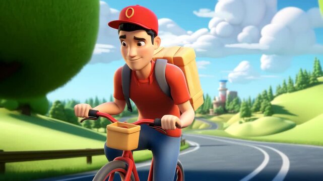 Animated delivery person on a bike in a scenic landscape. Eye-level angle captures a vibrant, cartoon style, ideal for an explainer video. Live desktop wallpaper.