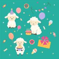 Adorable vector clipart with lambs, balloons, cake, candies and gifts. Perfect for kids design, party cards, posters, textiles and holiday decor.