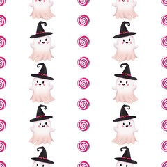 seamless pattern with cute ghost in witch hat with lollipop, Halloween, white background