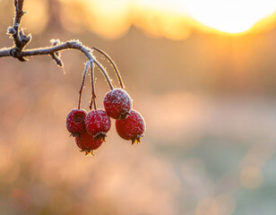 Red hawthorn berries on a frosty morning in November