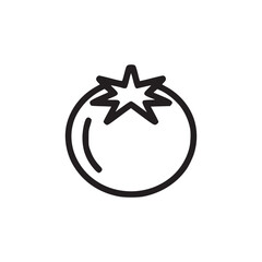 A simple black outline drawing of a tomato with a star shaped top on a white background surface view