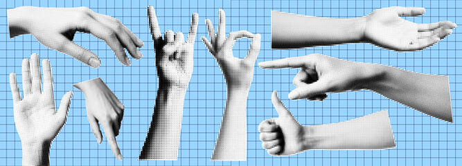 Retro halftone pop art collage of dynamic hand gestures on blue grid background, expressive design element
