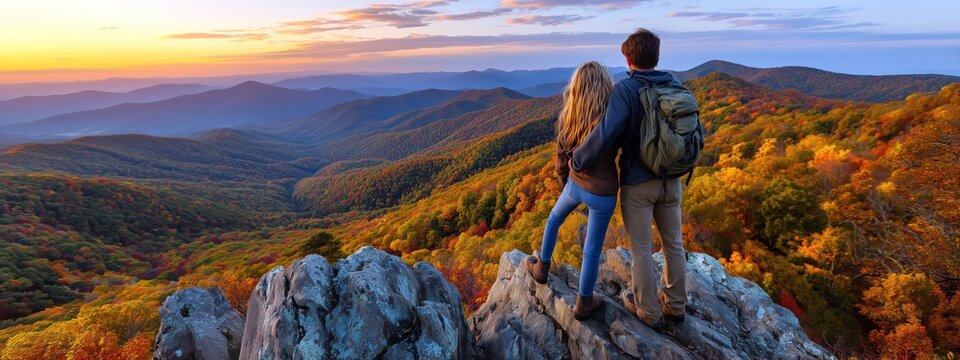 Un couple en randonn&eacute;e dans des montagnes profitant d'une vue imprenable sur le feuillage d'automne color&eacute; et les collines pittoresques au coucher du soleil, vue panoramique.