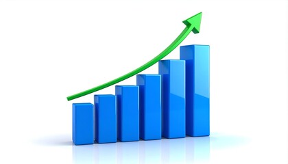 A rising blue bar chart with a green arrow indicating upward trend, on white backdrop