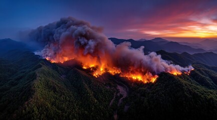 Fototapeta premium Vue aérienne d'un énorme incendie de forêt dans les montagnes, avec de la fumée et des flammes s'élevant dans le ciel au coucher du soleil.