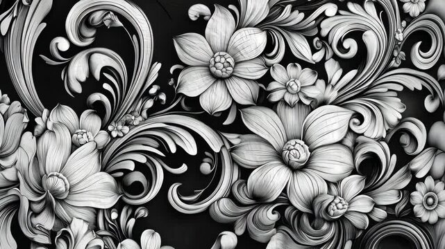 Intricate floral patterns emerge in ornate black and white scrolls