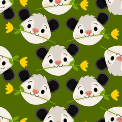 Fototapeta premium Cute Opossum Faces with Yellow Flowers Seamless Pattern