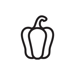 A minimalistic black outline drawing of a bell pepper with a stem on a white background isolated
