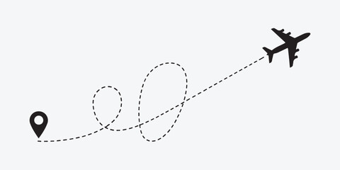 Airplane path travel route with start location pin and dotted line flight direction with plane silhouette