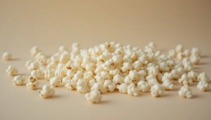 Close-up of freshly popped popcorn scattered on a neutral beige background.