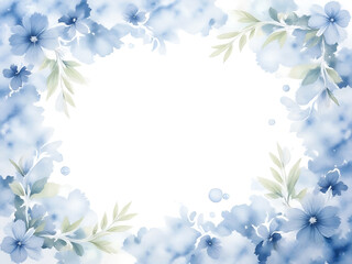 watercolor illustration forming a rectangular frame or border of gentle blue flowers and green leaves on a white background. Conveys tranquility, romance, spring, and delicate beauty.