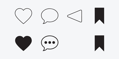 Social media icons set of like, comment, share, and save icons in outline and filled style