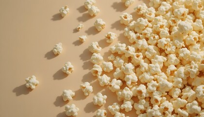 Close-up of freshly popped popcorn scattered on a neutral beige background.