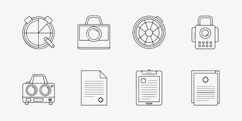 Collection of eight outline icons, featuring stopwatch, camera, roulette, robot, radio, document, clipboard, and file