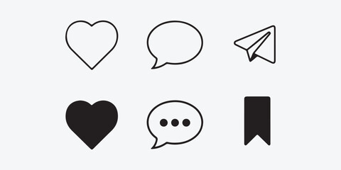 Social media icons like, comment, share, save vector illustration of social media symbols in black outline style
