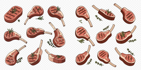 Illustration of grilled lamb chops with herbs on a transparent background.