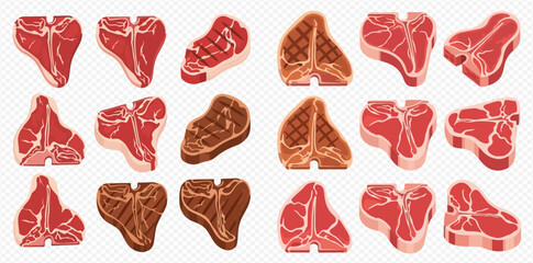 An array of raw and cooked T-bone steaks on a transparent background.