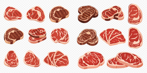 Illustration of various cuts of raw and cooked beef steak with marbling and grill marks.