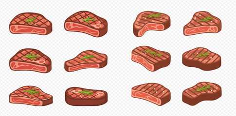 Illustration of twelve grilled steaks with grill marks and green herbs on top.