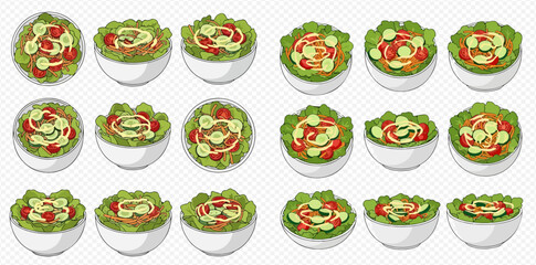 Multiple bowls of fresh salad with lettuce, tomatoes, cucumbers, and dressing.