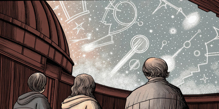 Stargazing observatory night sky constellation telescope dome astronomy stars silhouette wonder � Three people observatory gaze starry night sky filled with stylized constellation diagrams