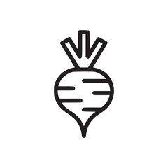 A simple line art illustration of a beet with leaves on a white background in minimalist style