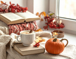 A cozy room with a book and a warm drink. Concept of an autumn day