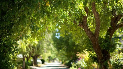 Lush green trees canopy over pathway creating a serene natural scene
