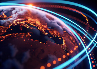 Global network data flow digital earth glowing lines cyber connection real time cloud compute holographic world map technology pulse vibrant energy wraps detailed planet conveying speed