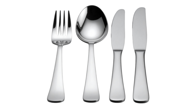  Elegant stainless steel fork, spoon, and knife set isolated on transparent background