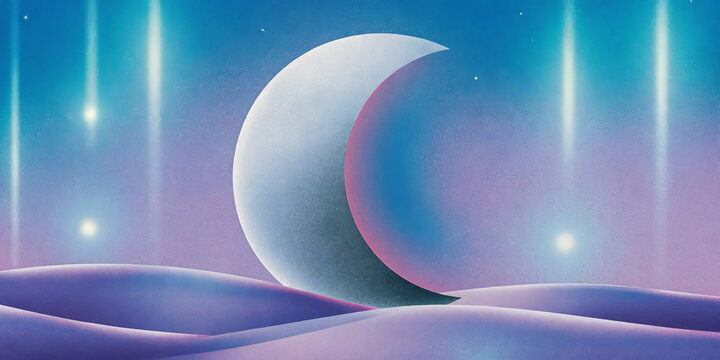 Crescent moon surreal landscape pastel sky dreamy aura glowing light soft gradient night scene cosmic art fantasy desert tranquil mood. Crescent moon rests smooth dunes pastel sky with glowing