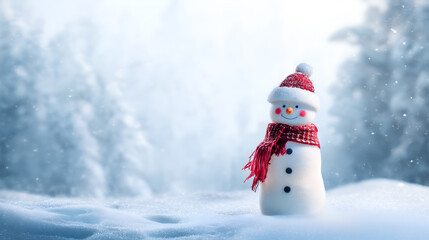Fototapeta premium A charming snowman stands amidst a serene winter forest, adorned with a festive hat and scarf, embodying winter's delight.