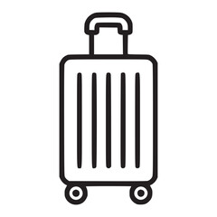 A minimalist line drawing of a suitcase with wheels and a handle on a white background design icon