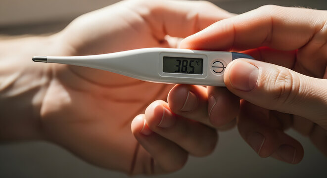 Elevated temperature displayed on digital thermometer held by hand, feverish reading indicates illness or infection, health concern