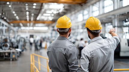 Two workers wearing hard hats point and discuss various aspects of their project in a spacious industrial setting