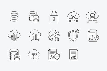 Set of database and cloud computing icons contains data storage, security, and file management symbols in a minimalist style