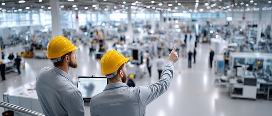 Obraz premium Two workers wearing hard hats point and discuss various aspects of their project in a spacious industrial setting
