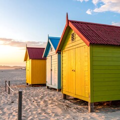 Naklejka premium Colorful beach huts on a sandy shore during a beautiful sunrise