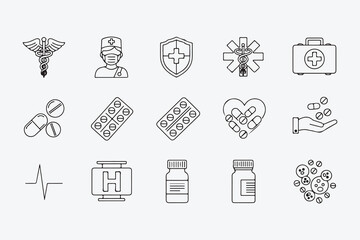 Line art icons depicting medical and healthcare themes includes caduceus, doctor, shield, first aid kit, and various medicines