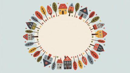 Whimsical Autumn Village Scene with Houses and Trees Forming a Circular Frame fall town