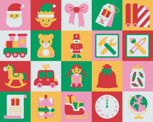 Festive Christmas workshop and gift symbol of Flat illustration set. Ideal for cheerful projects, seasonal packaging, children’s illustrations, and winter-themed designs.