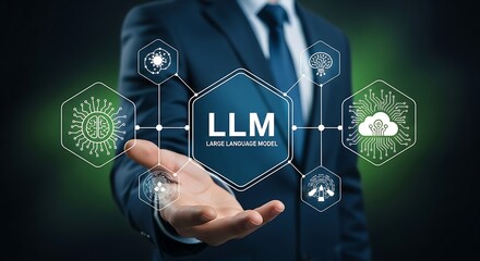 Futuristic concept of artificial intelligence and large language models (LLM) with glowing AI icons and human hand interface. Innovation in machine learning