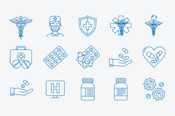 Collection of blue medical icons includes caduceus, doctor, shield, star of life, pills, medicine, virus