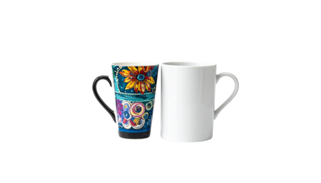 Classic plain and patterned ceramic mugs isolated on transparent background