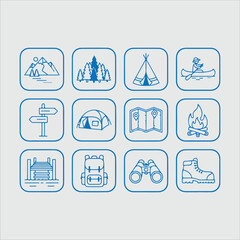 Camping and outdoor adventure icons set, featuring mountain, waterfall, tent, canoe, signpost, map, campfire, and binoculars