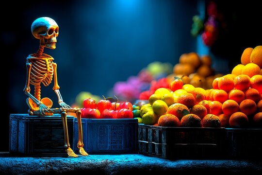 Skeleton at Fruit Stand
