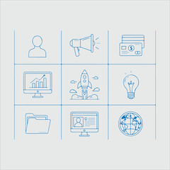 Business process illustration with user, megaphone, credit cards, computer, rocket, light bulb, folder, profile and globe