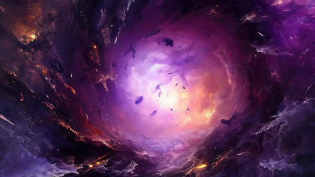 A cosmic vortex in vibrant purples and oranges, captured from a dynamic, swirling angle. Perfect for a sci-fi video backdrop or digital art inspiration. Live desktop wallpaper.